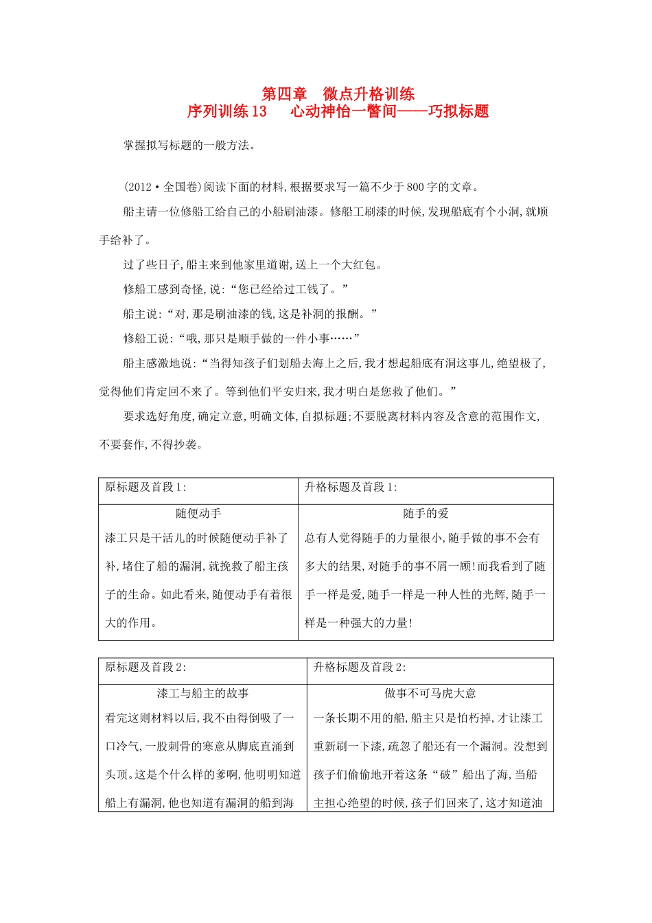 高考语文大一轮复习 序列写作 第四章 微点升格训练 序列训练13 心动神怡一瞥间-巧拟标题试题_第1页