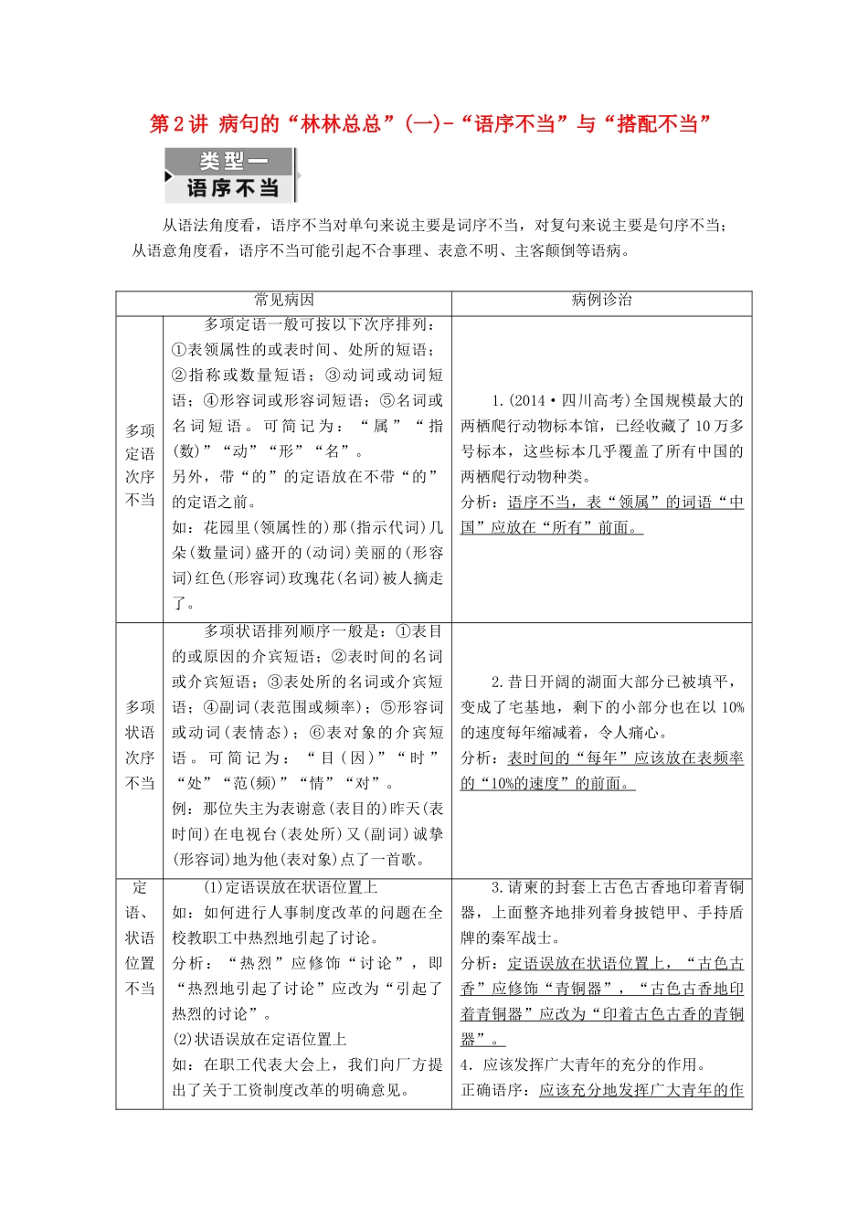 高考语文一轮复习 专题二 辨析病句 第2讲 病句的“林林总总”（一）-“语序不当”与“搭配不当”试题_第1页