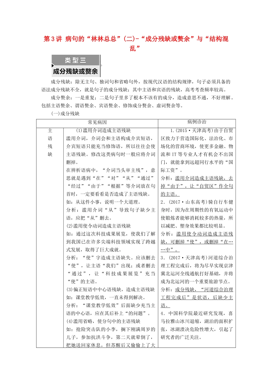 高考语文一轮复习 专题二 辨析病句 第3讲 病句的“林林总总”（二）-“成分残缺或赘余”与“结构混乱”试题_第1页