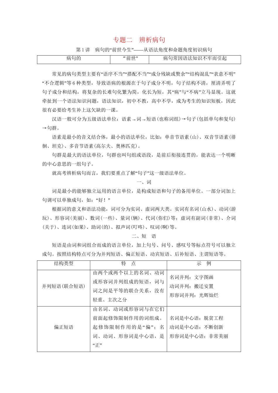 高考语文一轮复习 专题二 辨析病句试题_第1页