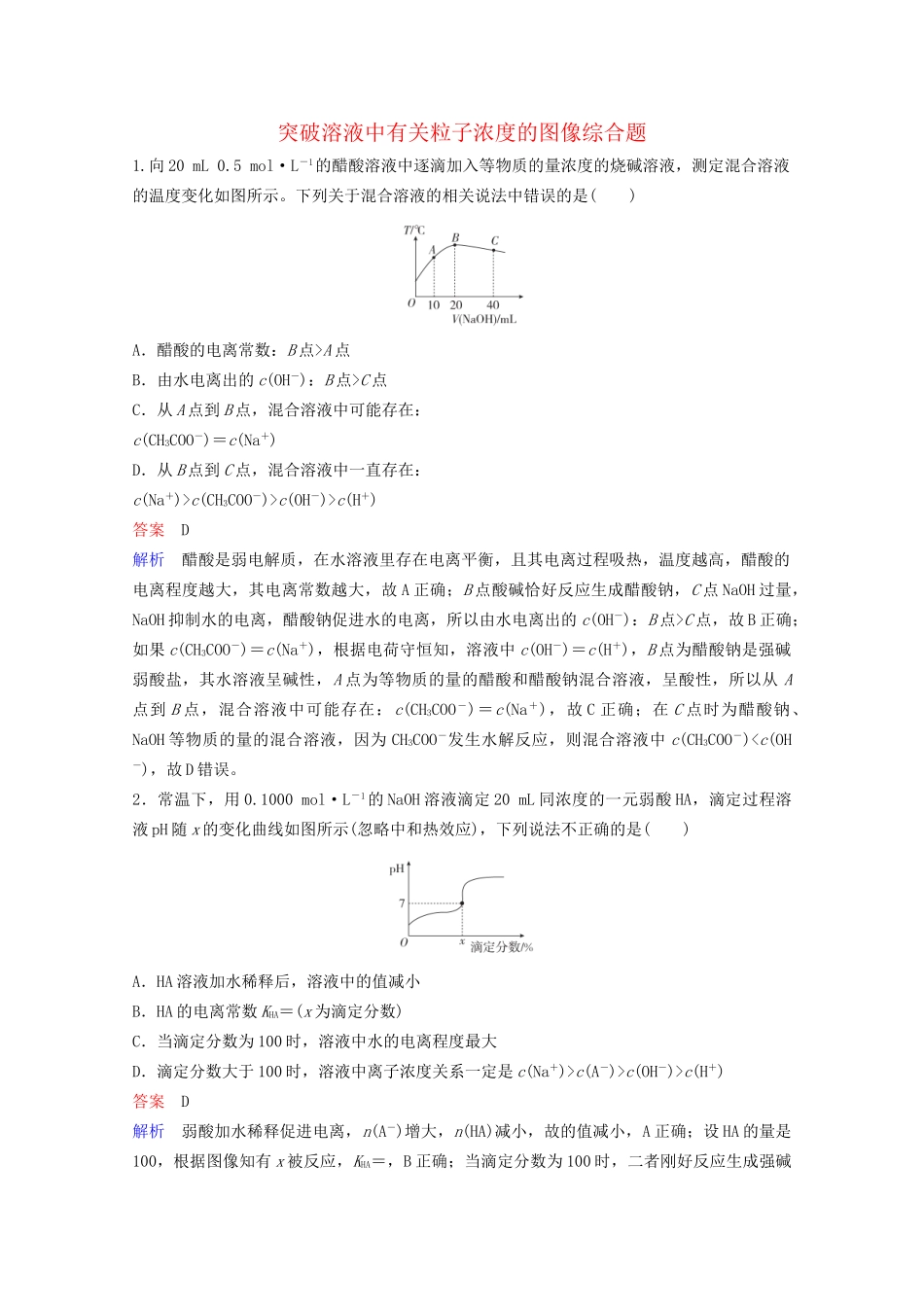 高考化学一轮复习 第8章 水溶液中的离子平衡 热点专题突破5 突破溶液中有关粒子浓度的图像综合题课时作业（含解析）试题_第1页