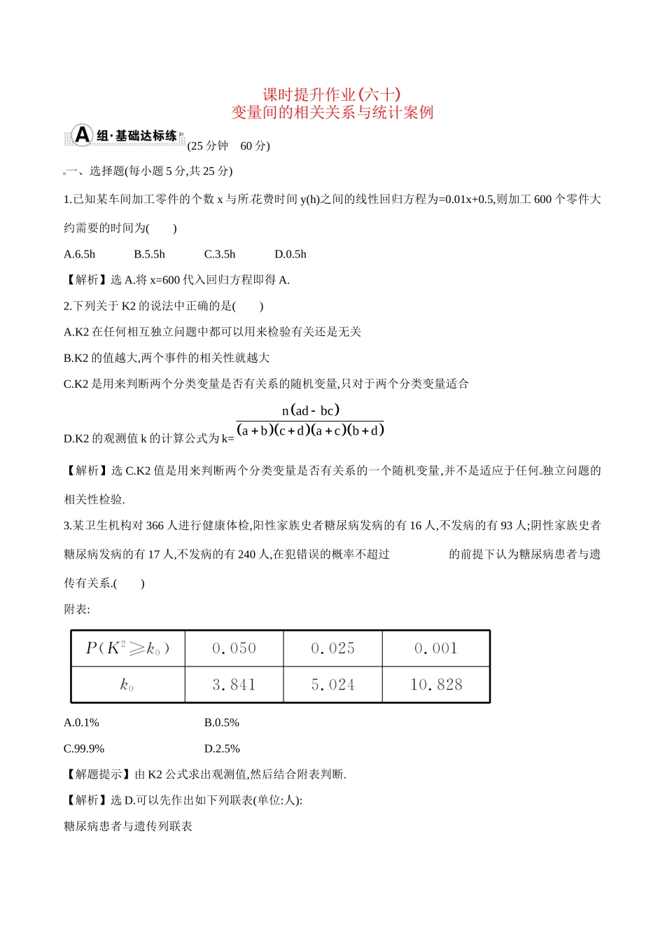 高考数学 9.4 变量间的相关关系与统计案例练习试题_第1页