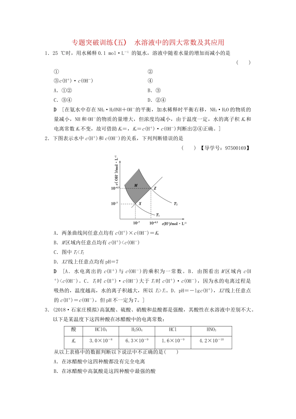 高考化学一轮复习 专题突破训练5 水溶液中的四大常数及其应用试题_第1页