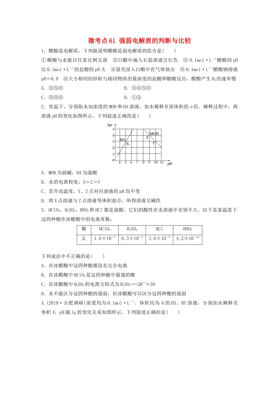 高考化学一轮复习 第八章 水溶液中的离子平衡 微考点61 强弱电解质的判断与比较练习（含解析）试题_第1页