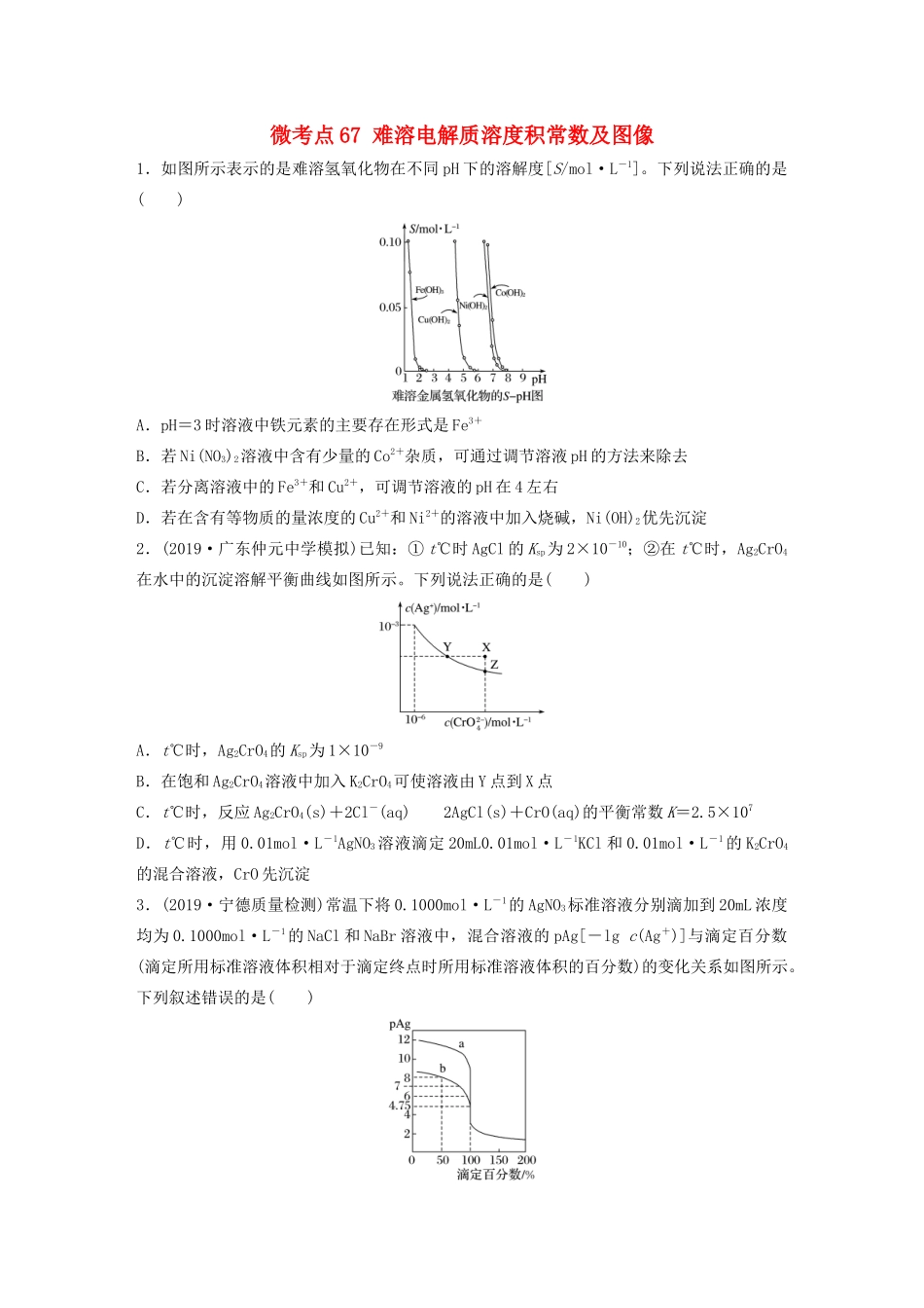 高考化学一轮复习 第八章 水溶液中的离子平衡 微考点67 难溶电解质溶度积常数及图像练习（含解析）试题_第1页