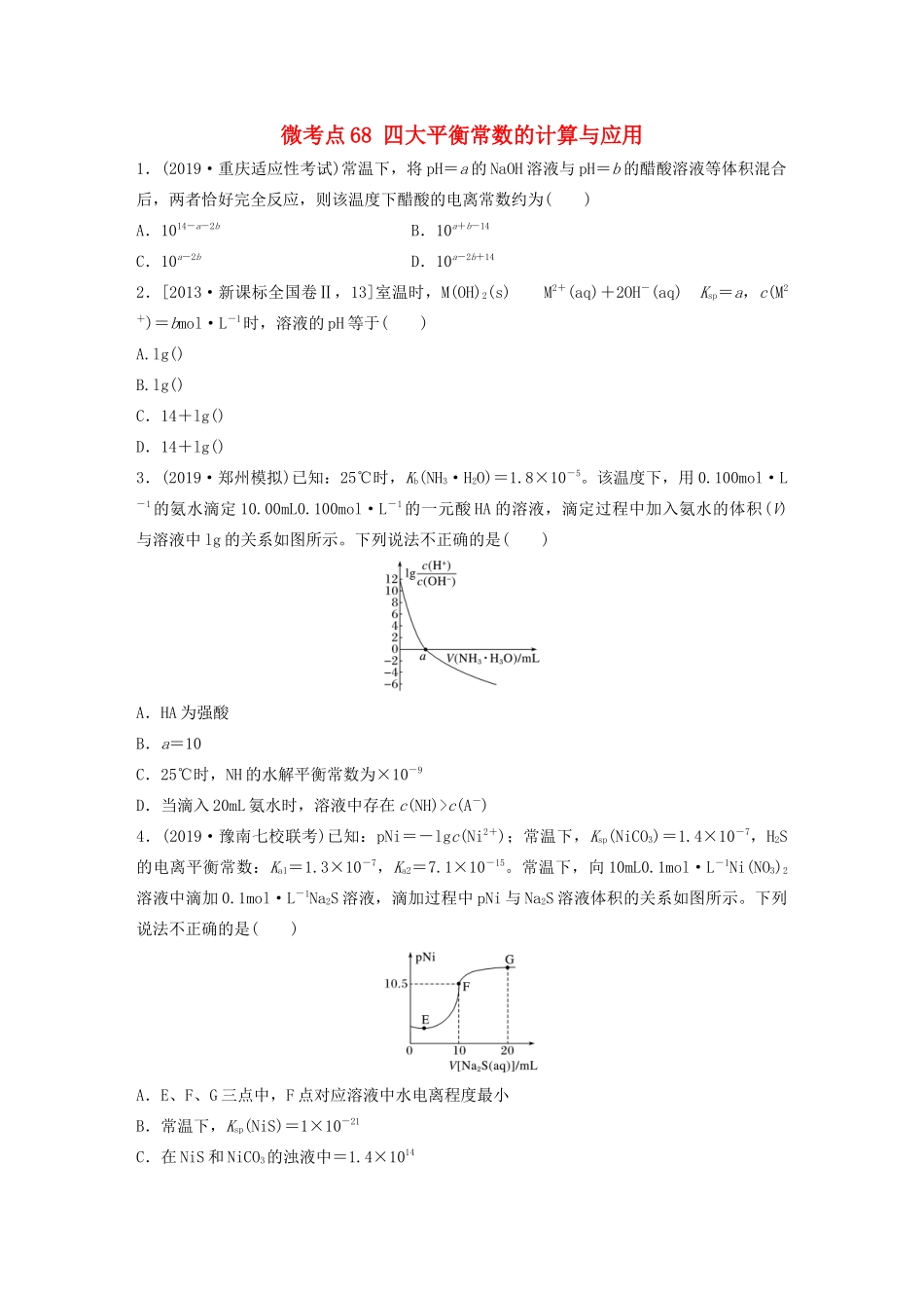 高考化学一轮复习 第八章 水溶液中的离子平衡 微考点68 四大平衡常数的计算与应用练习（含解析）试题_第1页