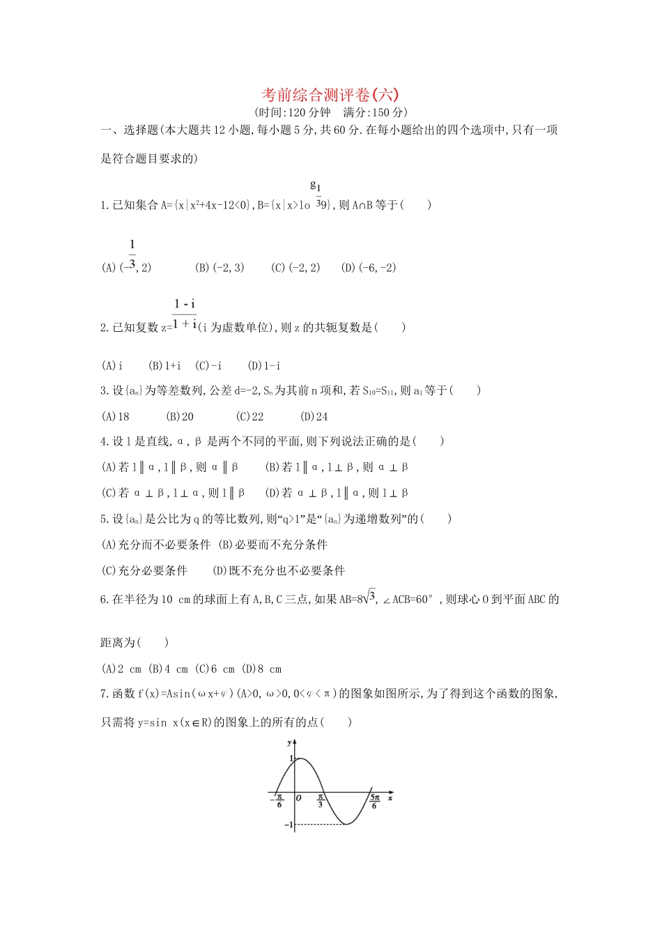 高三数学二轮复习 考前综合测评卷(六) 文科试题_第1页
