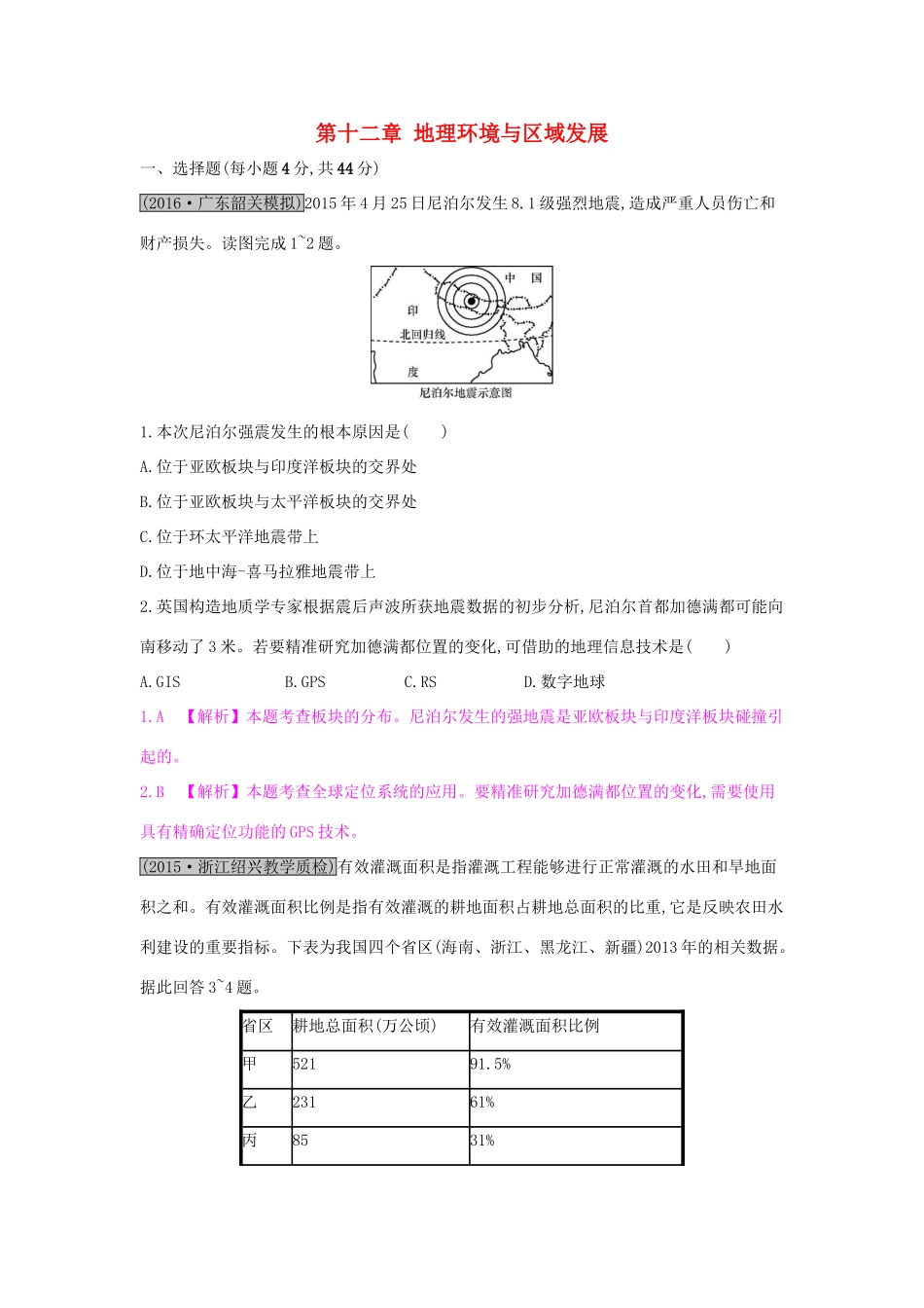 高考地理一轮总复习 第十二章 地理环境与区域发展单元综合检测试题_第1页