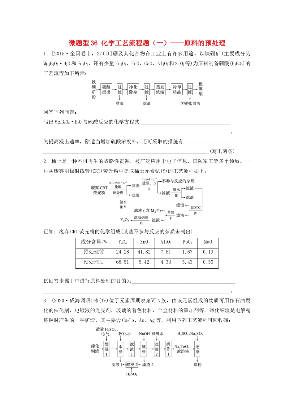高考化学一轮复习 第四章 非金属及其化合物 微题型36 化学工艺流程题（一）——原料的预处理练习（含解析）试题_第1页