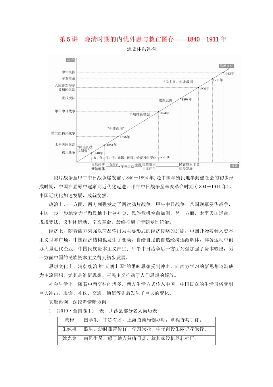 高考历史二轮复习 专题培优教程 知识篇 第二部分 第5讲 晚清时期的内忧外患与救亡图存练习试题_第1页