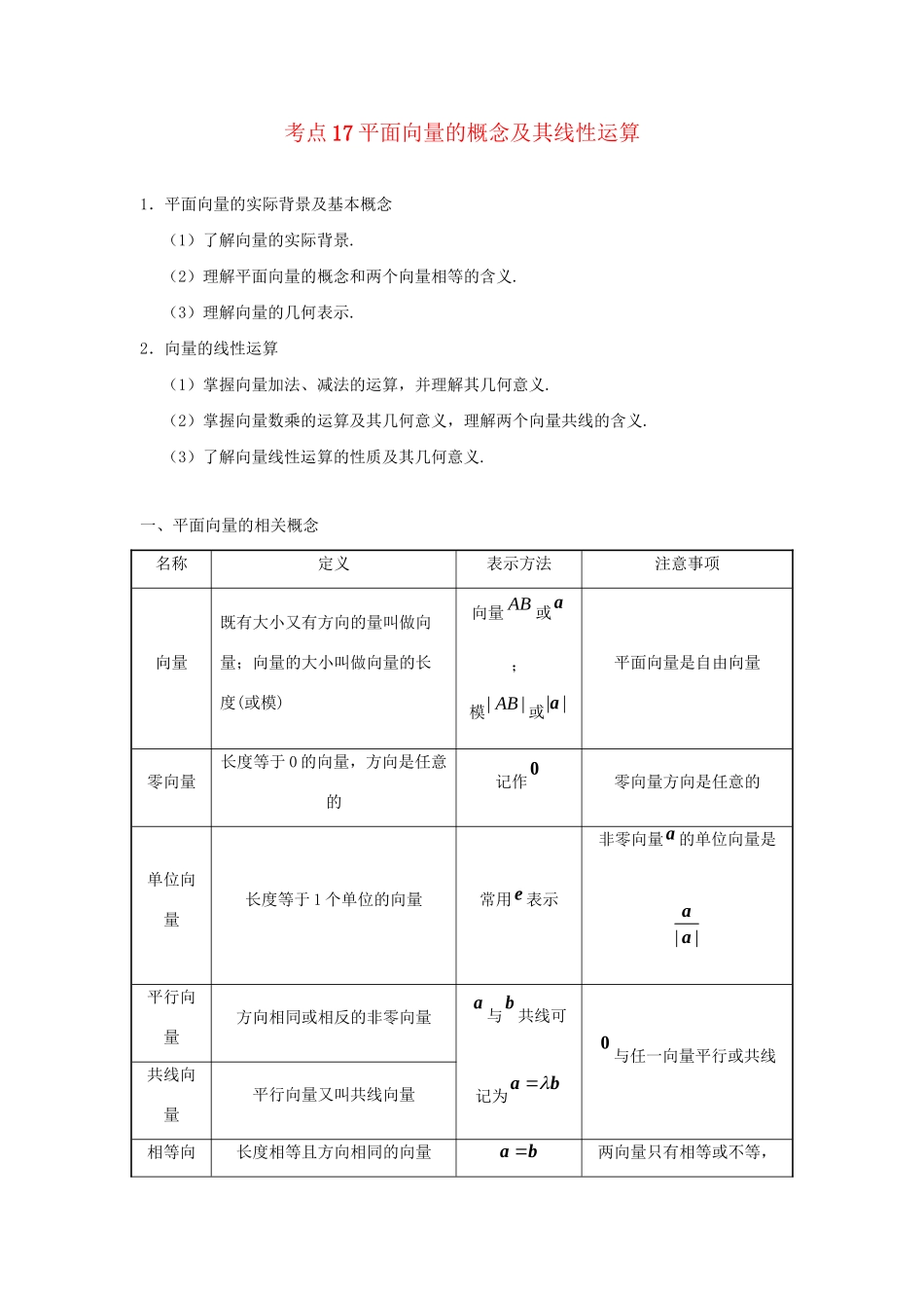 高考数学 考点一遍过 专题17 平面向量的概念及其线性运算（含解析）文试题_第1页
