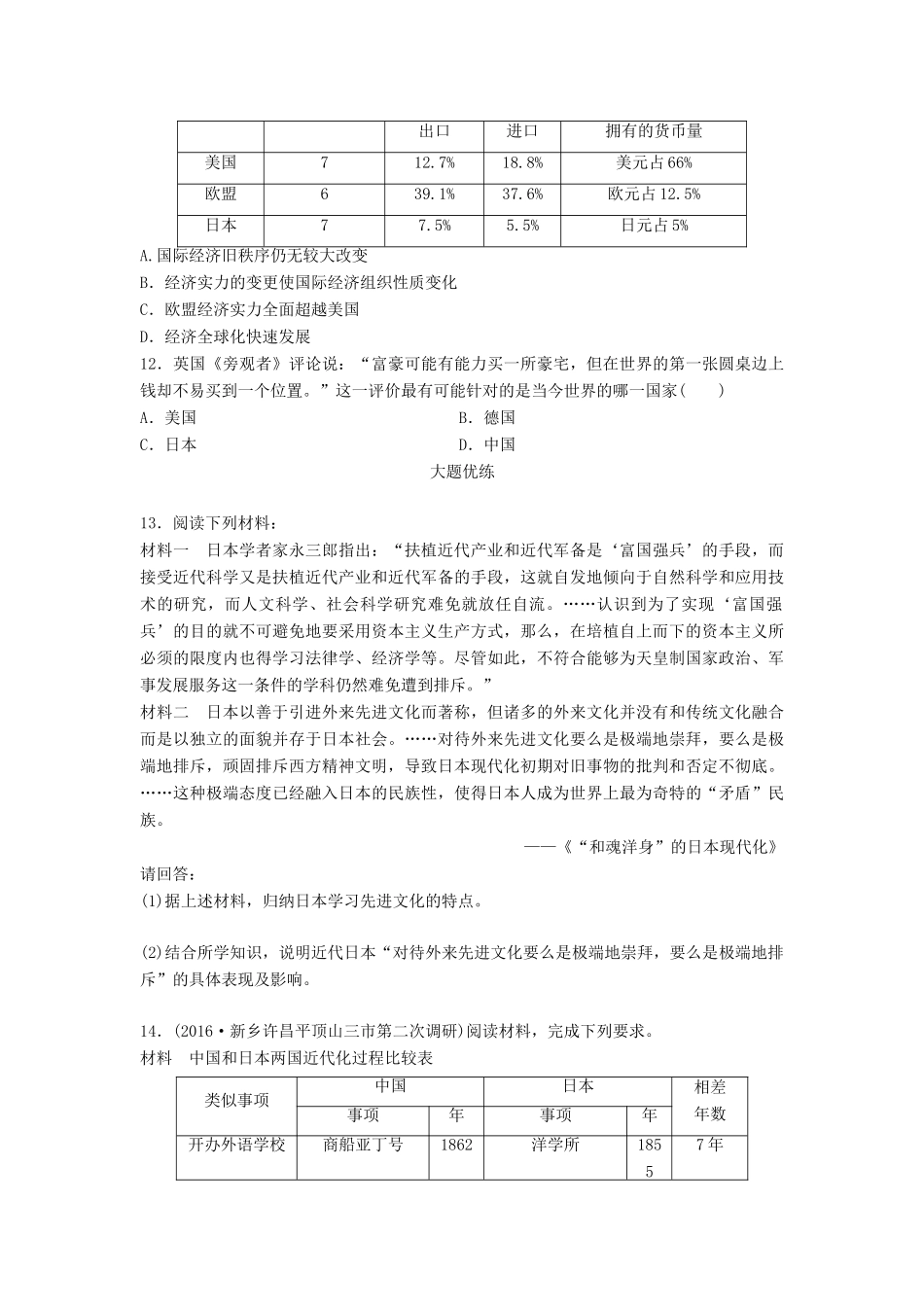 高考历史一轮复习 大国专史练 第80练 善变善学的小国中崛起的大国——日本试题_第3页