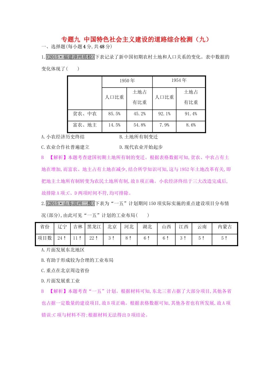 高考历史一轮复习 专题九 中国特色社会主义建设的道路综合检测（九）试题_第1页