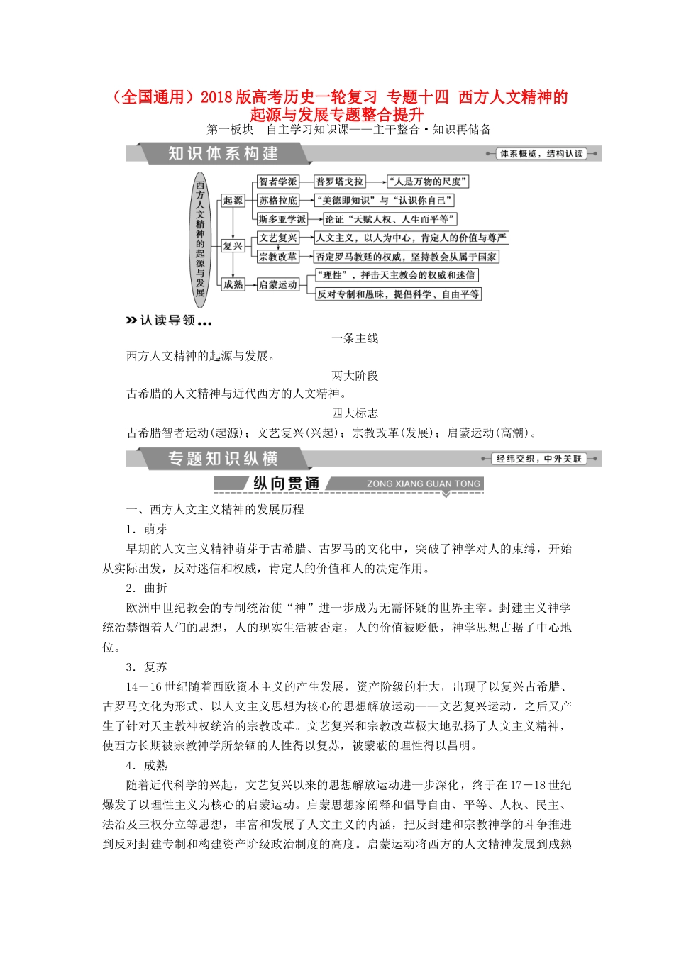 高考历史一轮复习 专题十四 西方人文精神的起源与发展专题整合提升试题_第1页