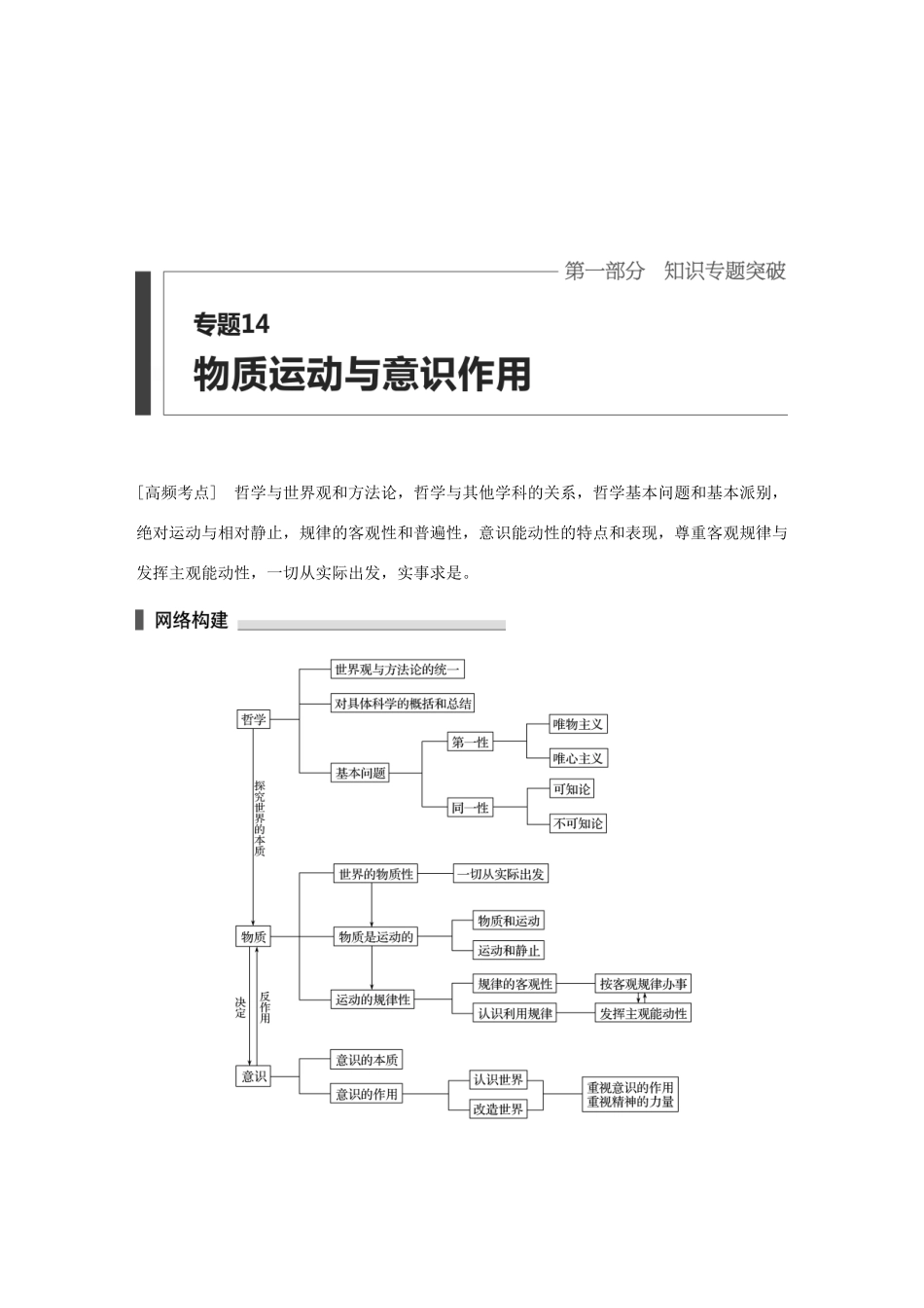 高考政治 考前三个月 第一部分 专题14 物质运动与意识作用试题试题_第1页