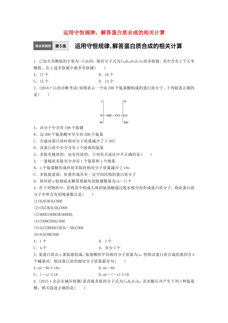 高考生物一轮复习  第5练 运用守恒规律，解答蛋白质合成的相关计算试题_第1页