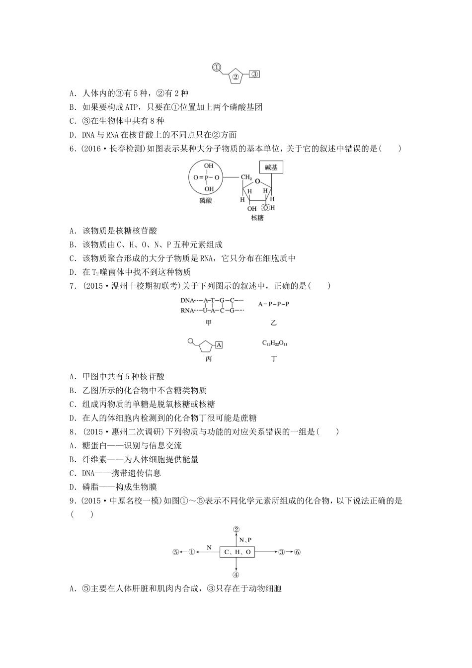 高考生物一轮复习  第6练 多角度分析糖类、脂质和核酸的分子组成及其功能试题_第2页