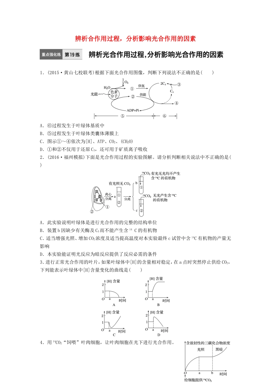 高考生物一轮复习  第19练 辨析合作用过程，分析影响光合作用的因素试题_第1页