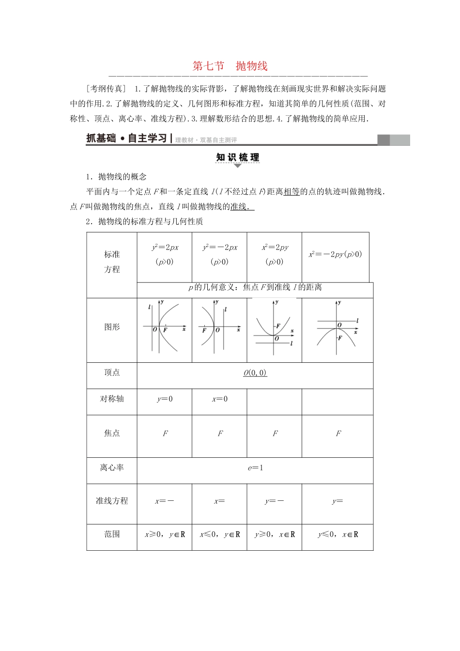 高考数学一轮复习 第8章 平面解析几何 第7节 抛物线教师用书 文 试题_第1页