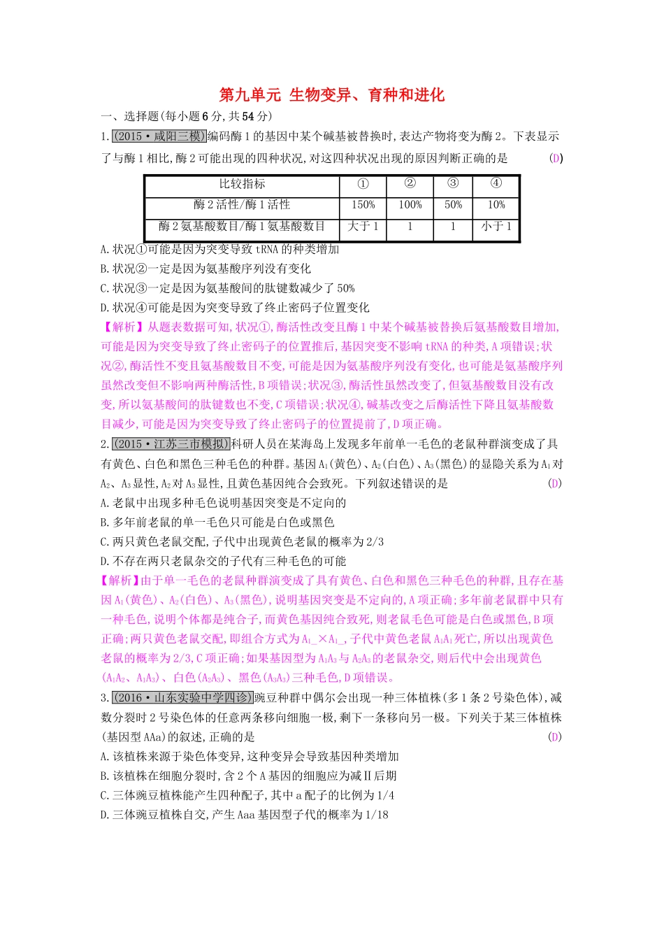高考生物一轮复习 第九单元 生物变异、育种和进化单元综合检测试题_第1页
