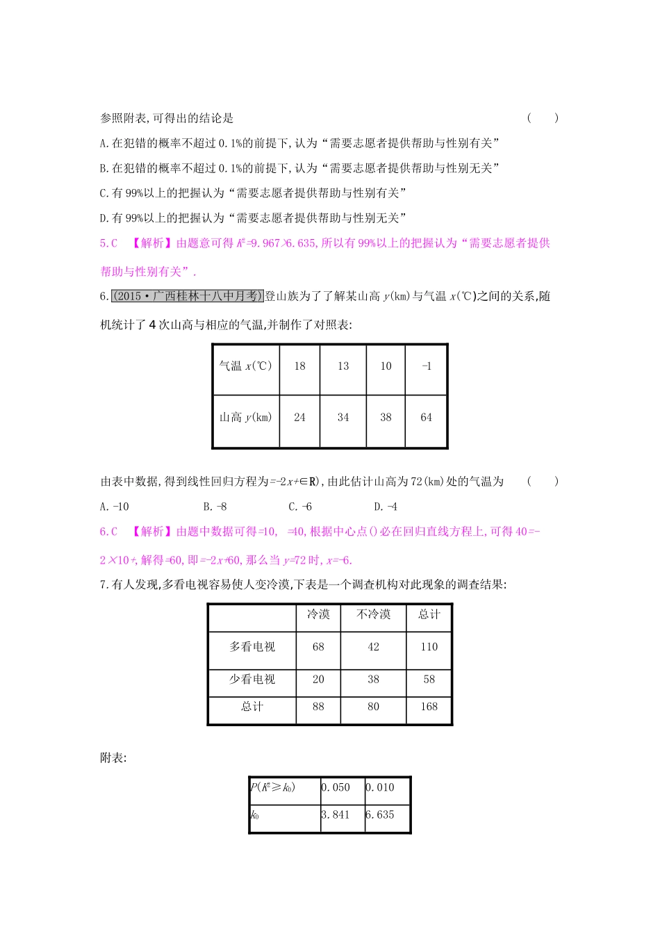 高考数学一轮复习 第九章 计数原理、概率与统计 第六节 变量间的相关关系与统计案例习题 理试题_第3页