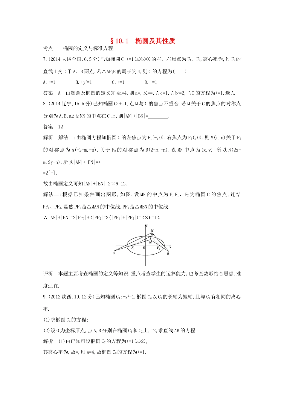 高考数学一轮总复习 第十章 圆锥曲线 10.1 椭圆及其性质专用题组 理 试题_第1页