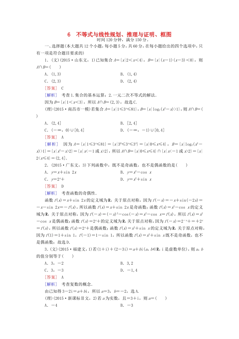 高考数学二轮复习 第2部分 大专题综合测6 不等式与线性规划、推理与证明、框图（含解析）试题_第1页
