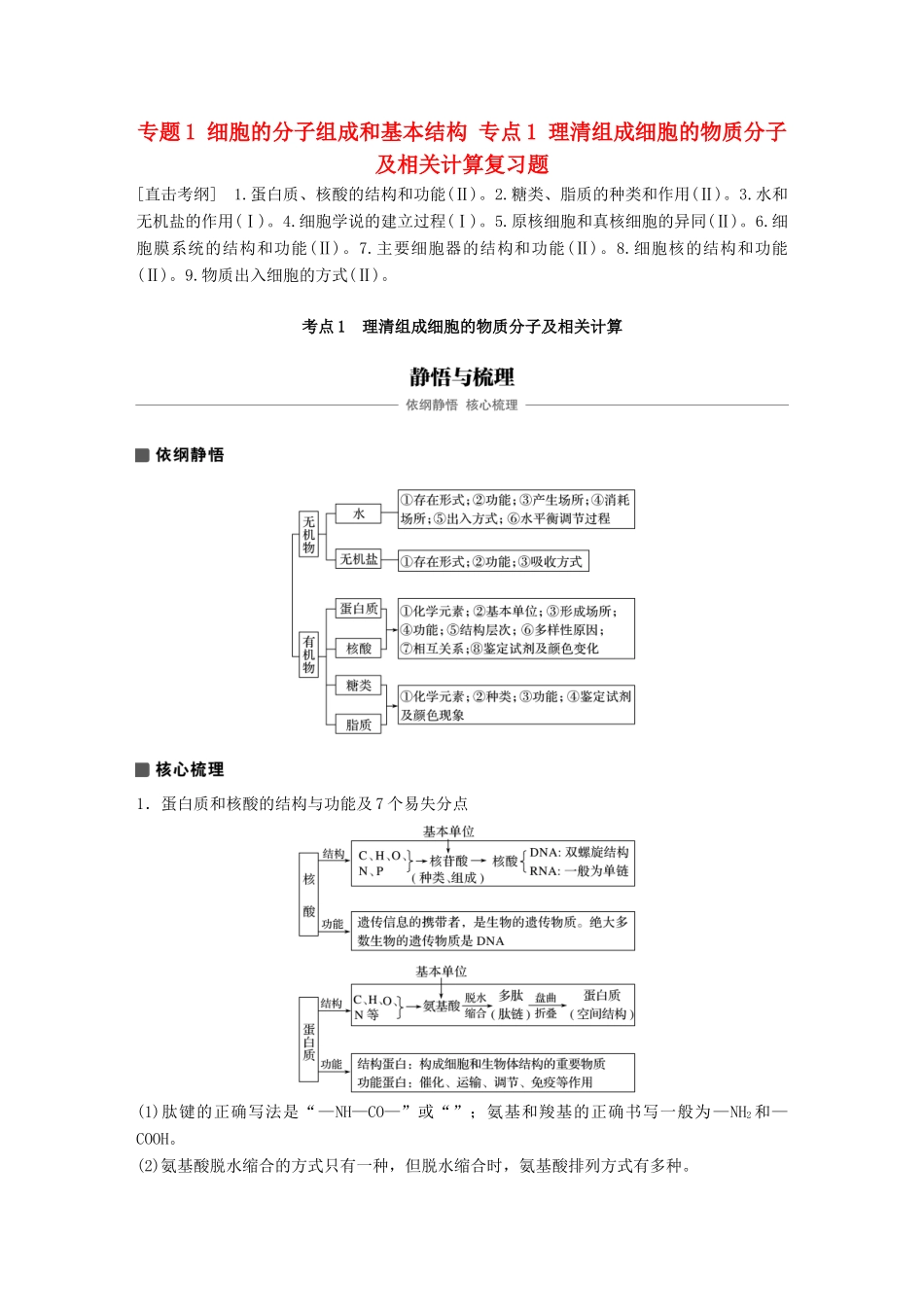 高考生物专题总复习专题1 细胞的分子组成和基本结构 专点1 理清组成细胞的物质分子及相关计算复习题试题_第1页