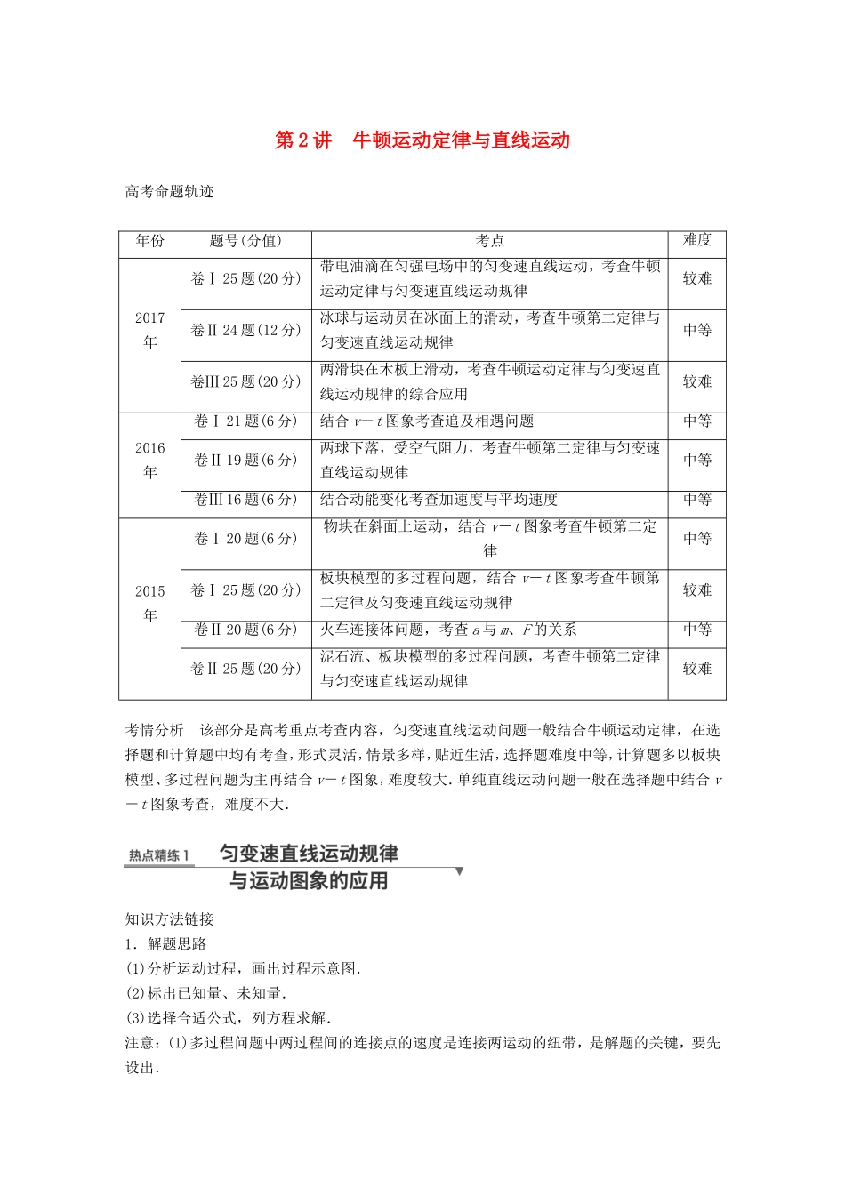 高考物理总复习 考前三个月 专题一 力与运动 第2讲 牛顿运动定律与直线运动试题试题_第1页