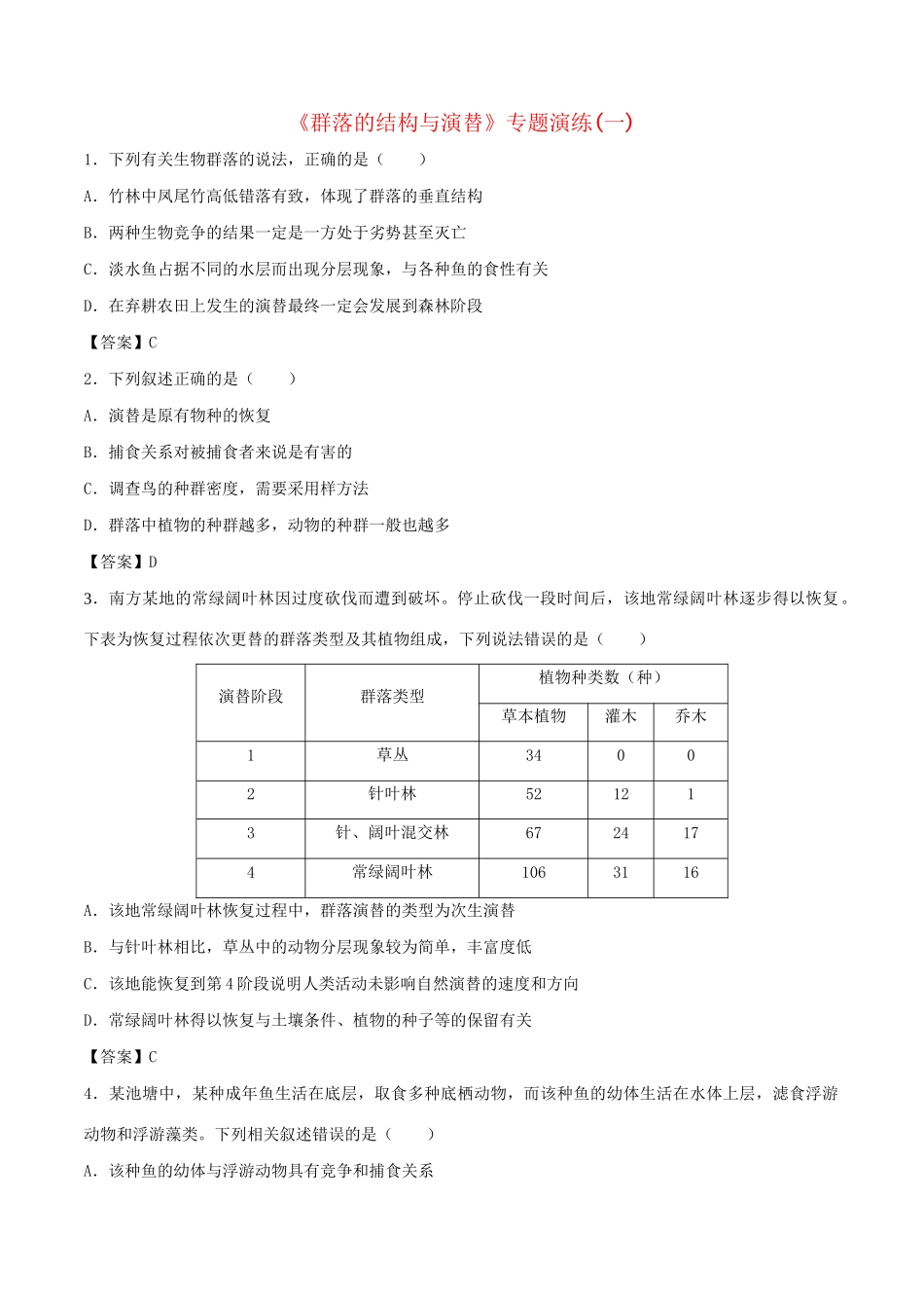 高考生物总复习《群落的结构与演替》专题演练（一）试题_第1页