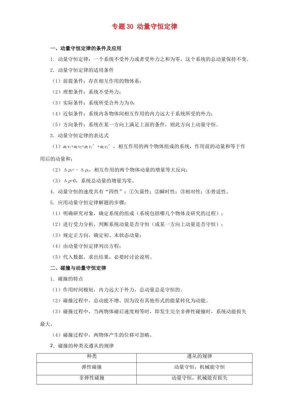 高考物理专题30 动量守恒定律（含解析）试题_第1页