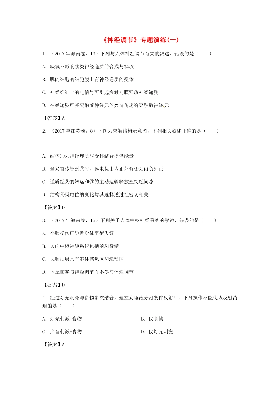 高考生物总复习《神经调节》专题演练（一）试题_第1页