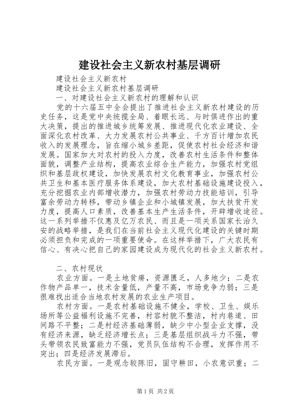 建设社会主义新农村基层调研_第1页