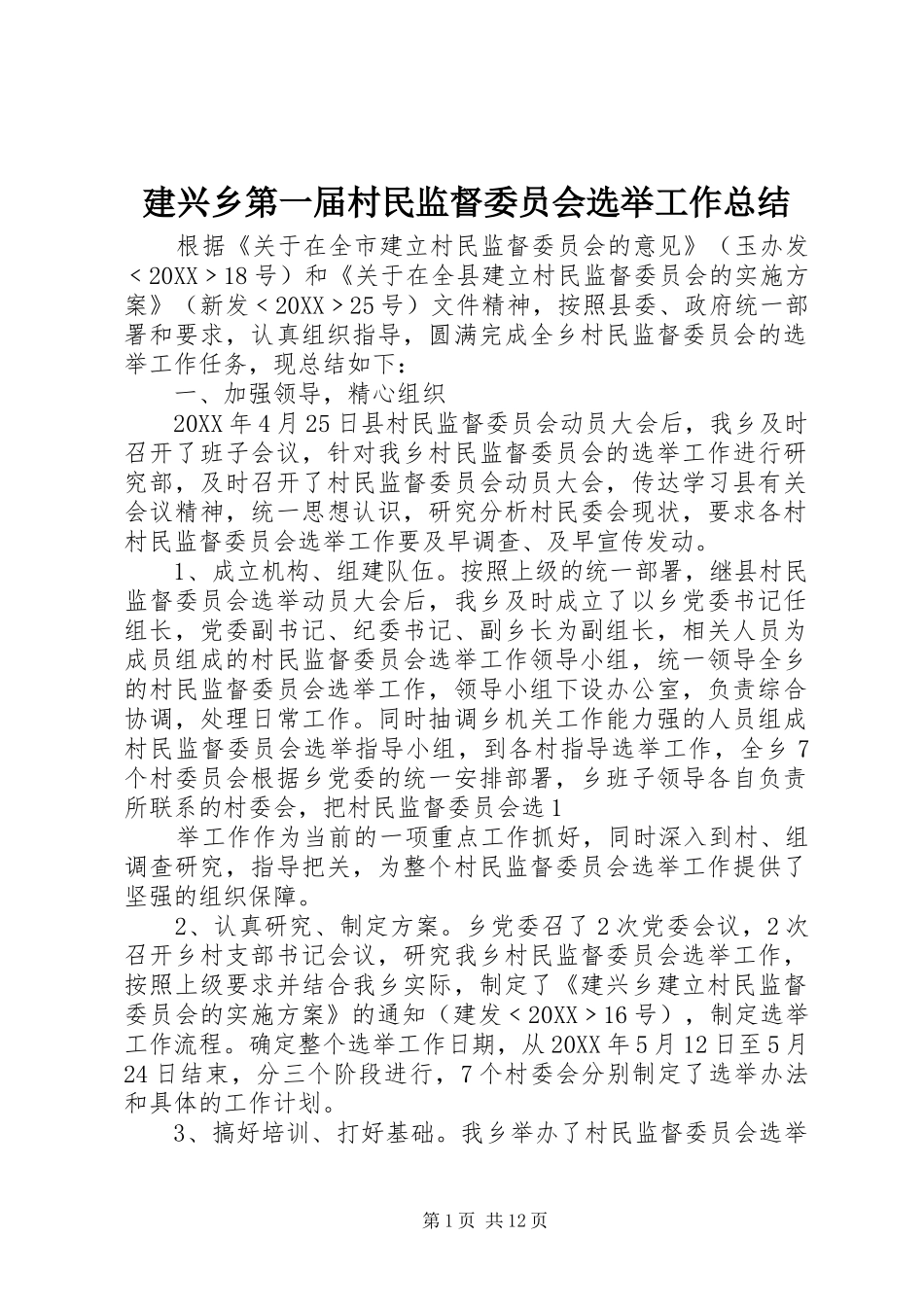建兴乡第一届村民监督委员会选举工作总结_第1页
