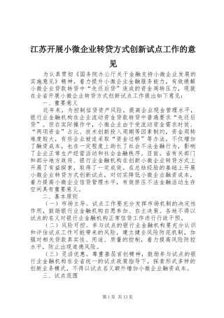 江苏开展小微企业转贷方式创新试点工作的意见