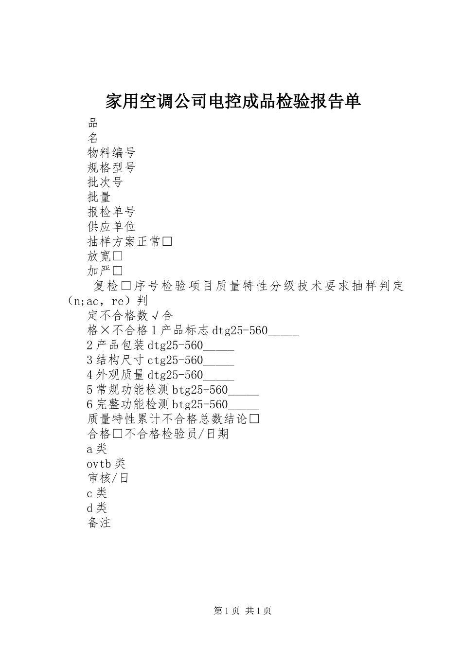 家用空调公司电控成品检验报告单_第1页