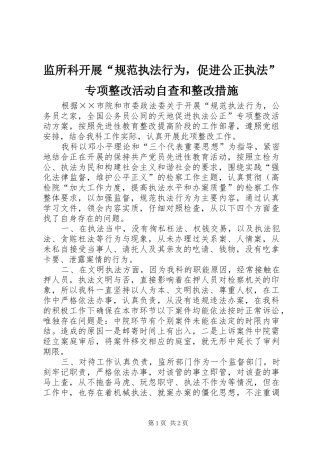 监所科开展规范执法行为，促进公正执法专项整改活动自查和整改措施