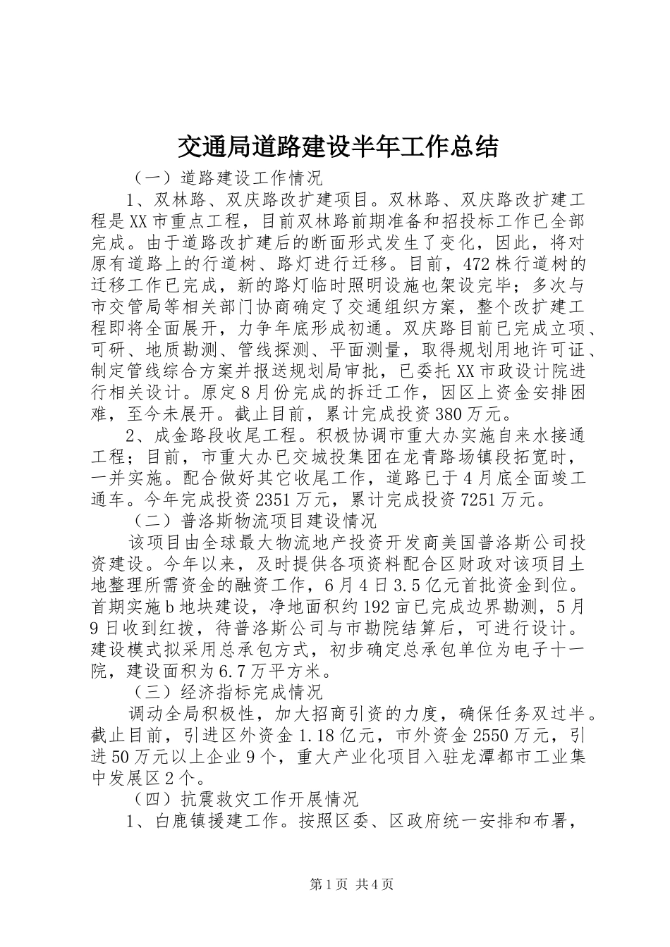 交通局道路建设半年工作总结_第1页
