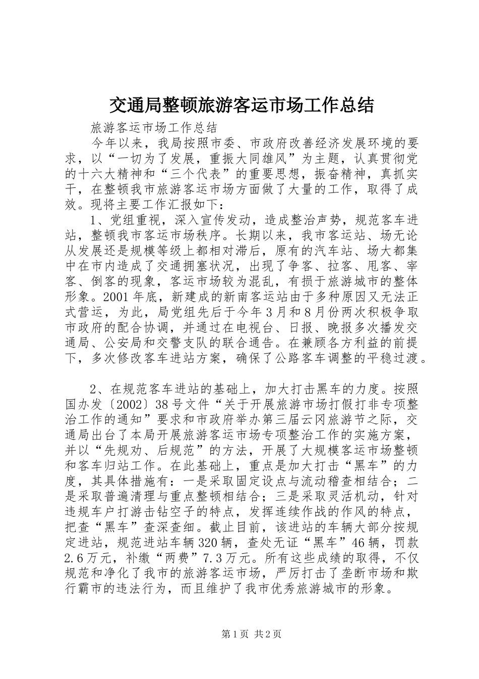 交通局整顿旅游客运市场工作总结_第1页