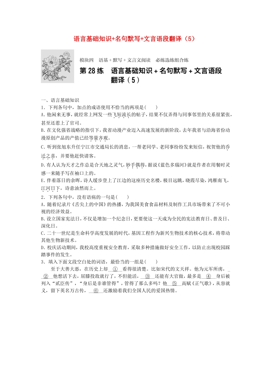 高考语文专题复习 模块四 语基 默写 文言文阅读 第28练 语言基础知识名句默写文言语段翻译（5）试题_第1页