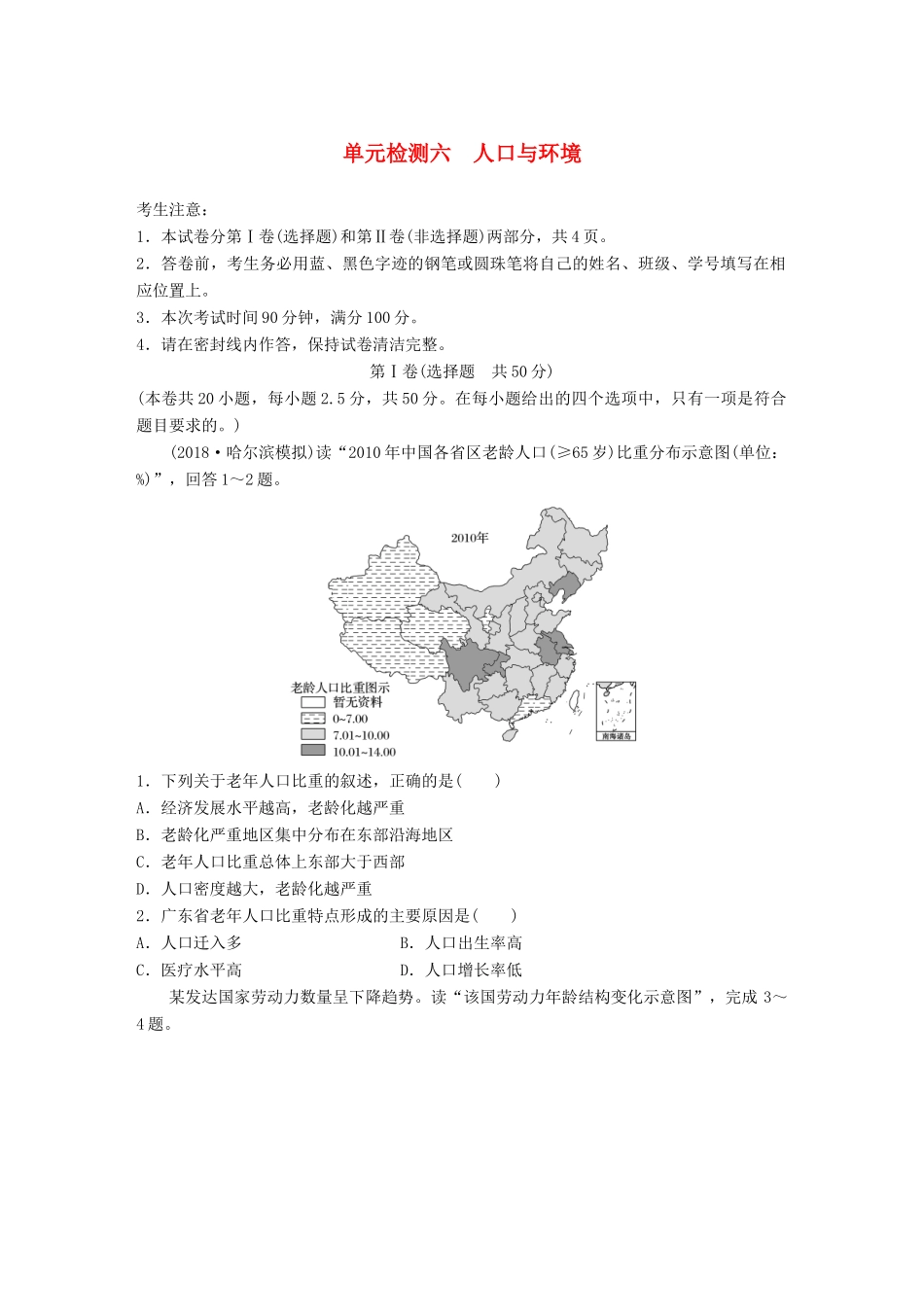 高考地理 单元检测六 人口与环境试题_第1页