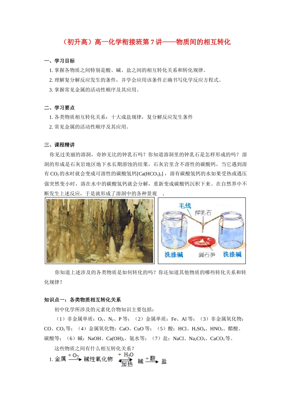 （初升高）高一化学衔接班第7讲——物质间的相互转化_第1页