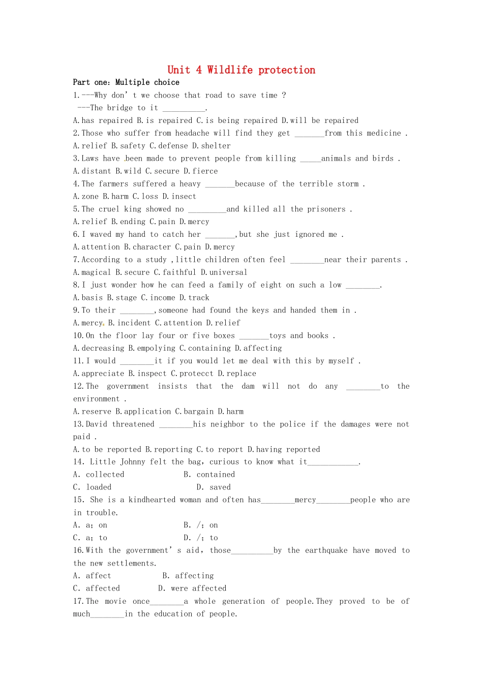 高考高考英语一轮复习 Unit 4 Wildlife protection单元测试题 新人教版必修2_第1页