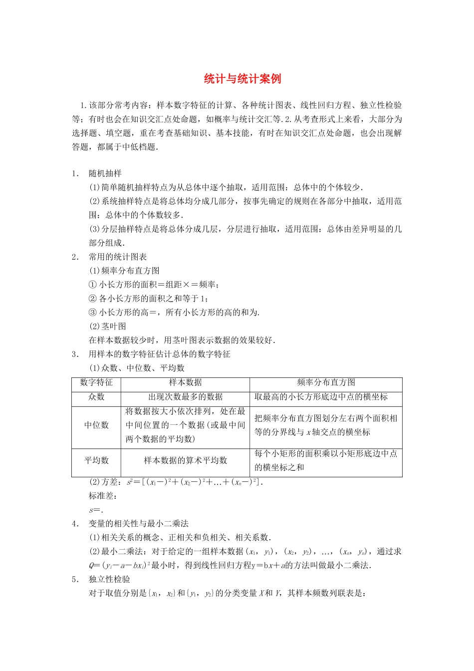 高考数学二轮复习 知识点总结 统计与统计案例_第1页