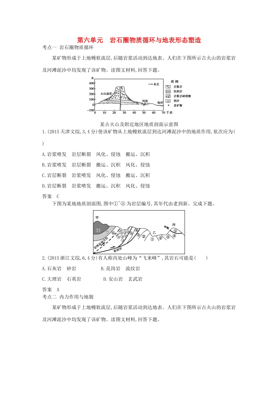 高考地理一轮复习真题汇编 第六单元 岩石圈物质循环与地表形态塑造-人教版高三地理试题_第1页