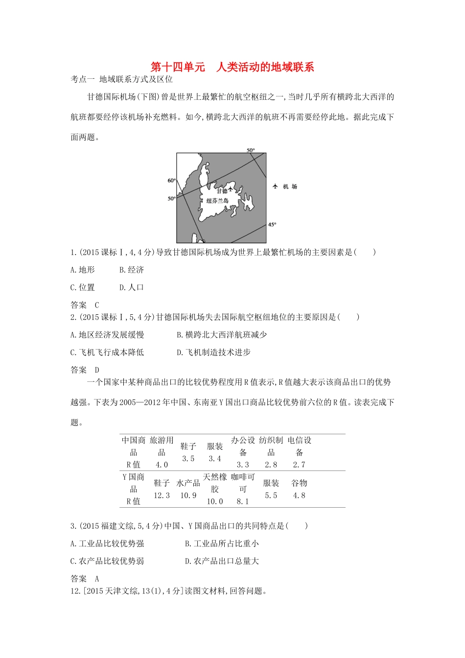 高考地理一轮复习真题汇编 第十四单元 人类活动的地域联系-人教版高三地理试题_第1页