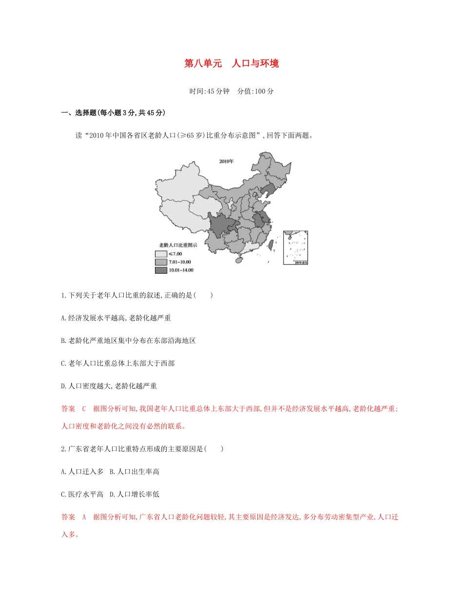 高考地理总复习 第八单元 人口与环境单元闯关检测-人教版高三地理试题_第1页
