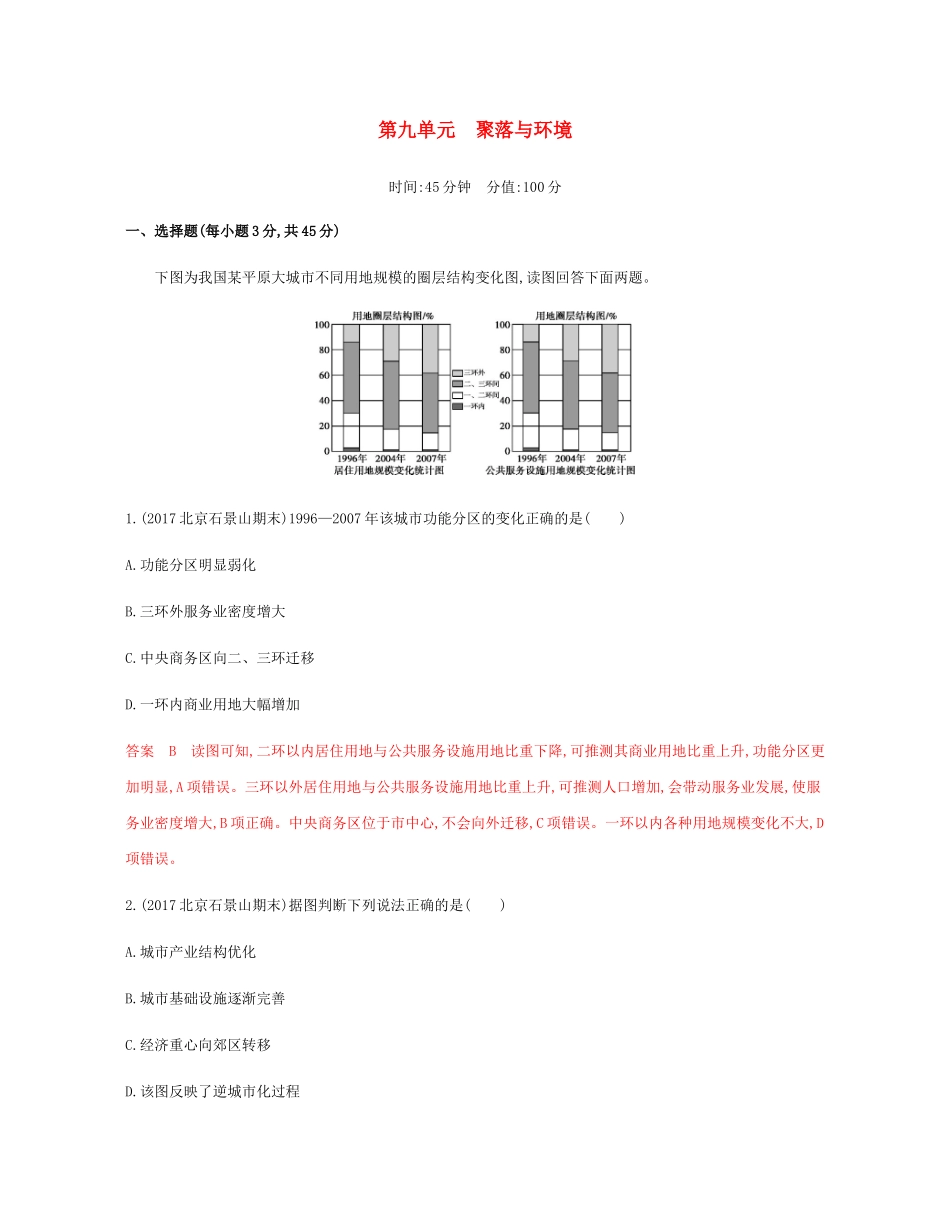 高考地理总复习 第九单元 聚落与环境单元闯关检测-人教版高三地理试题_第1页