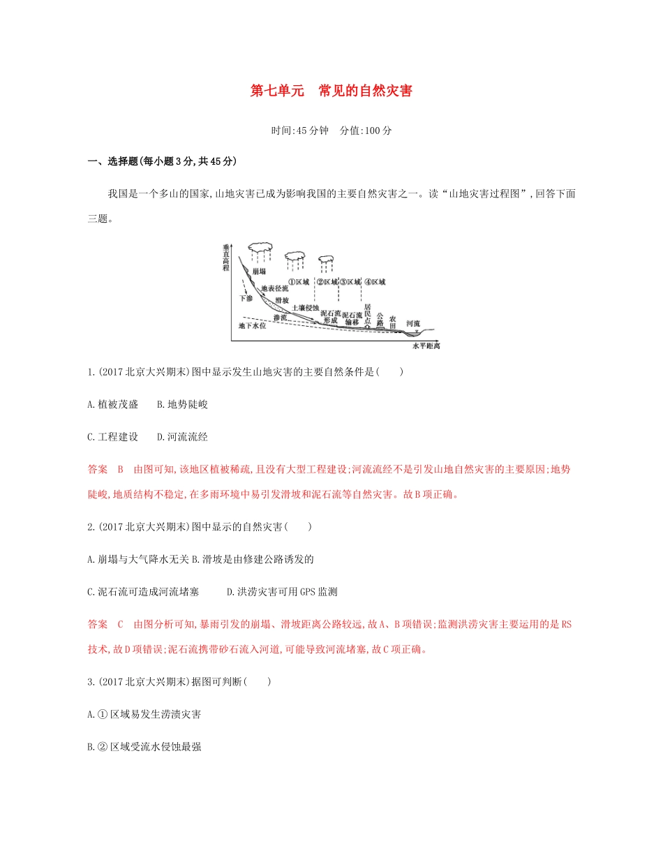 高考地理总复习 第七单元 常见的自然灾害单元闯关检测-人教版高三地理试题_第1页