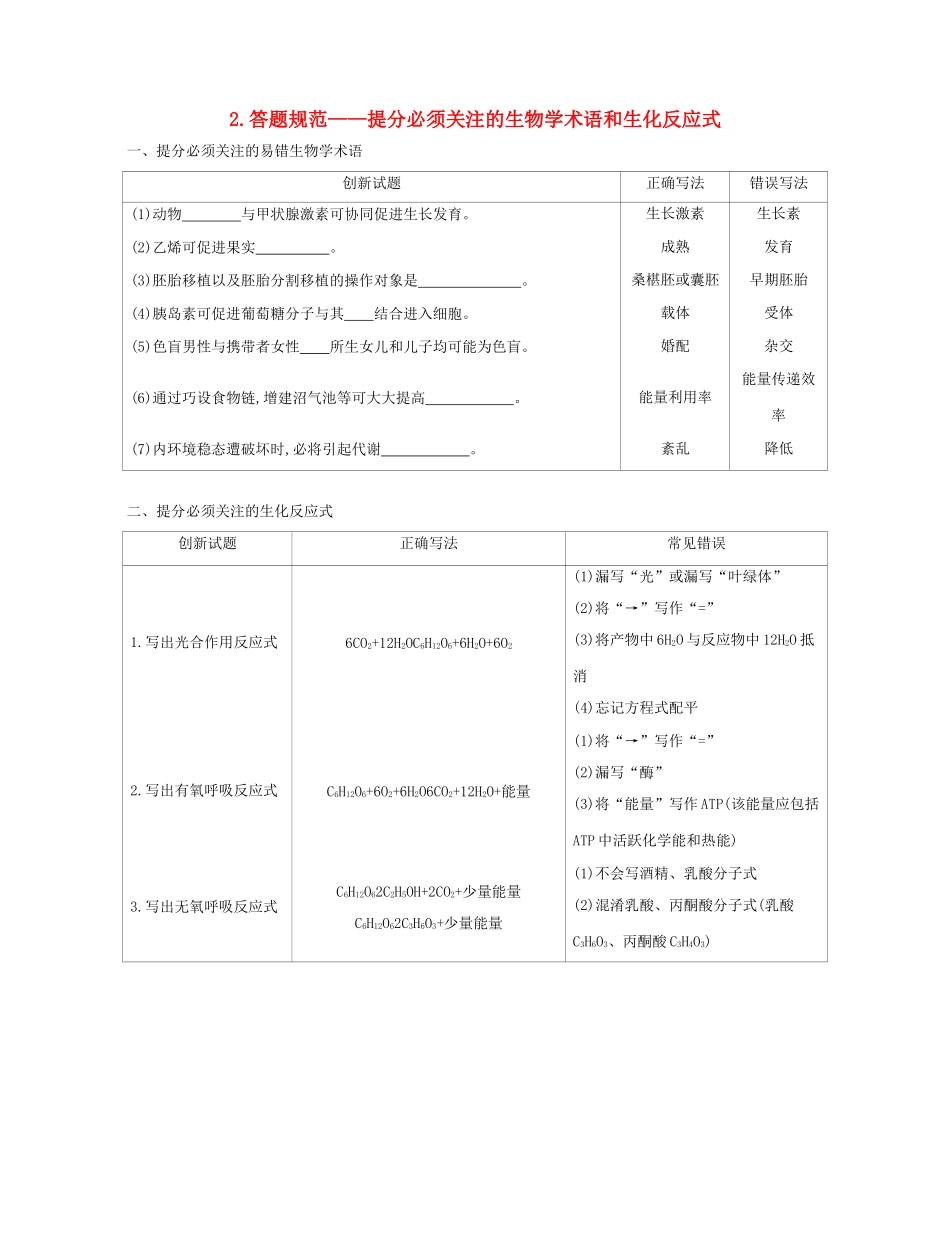 高考生物一轮复习 第三篇 答题规范篇 2 答题规范——提分必须关注的生物学术语和生化反应式增分册-人教版高三生物试题_第1页